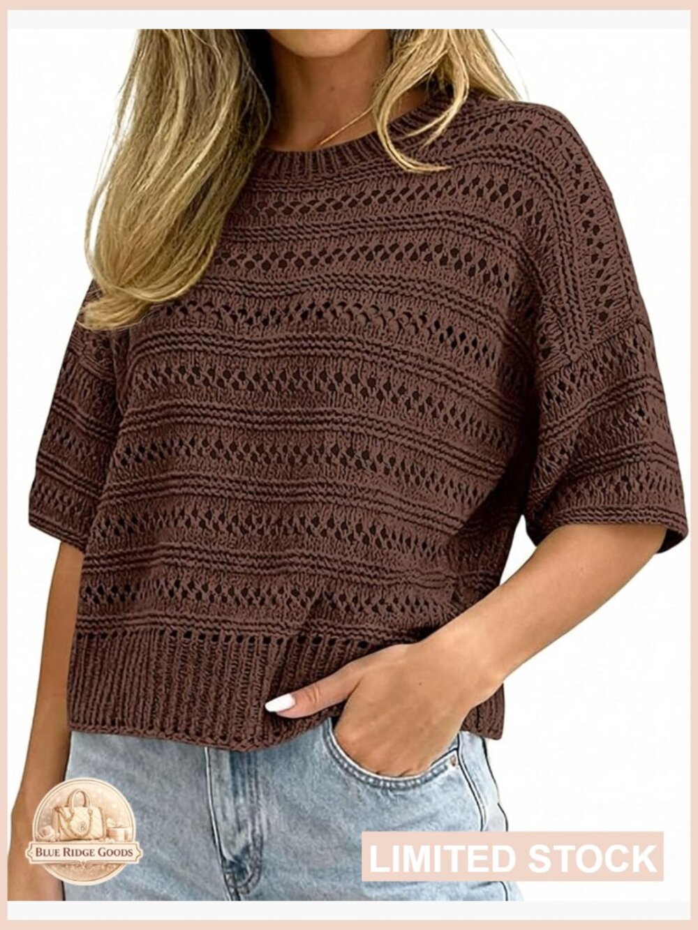 Oversized Short Sleeve Crochet Pullover Lightweight Knit Sweater Spring Top